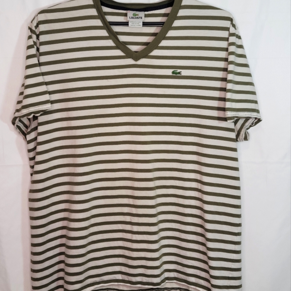 Lacoste Olive Green and White Striped V-Neck Short Sleeve Tee